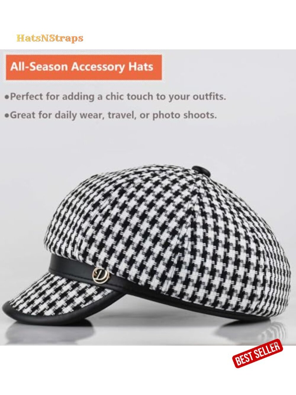 Women's Newsboy Cap French Vintage Houndstooth Hat Cabbie Baker Boy Adjustable - Picture 3 of 6